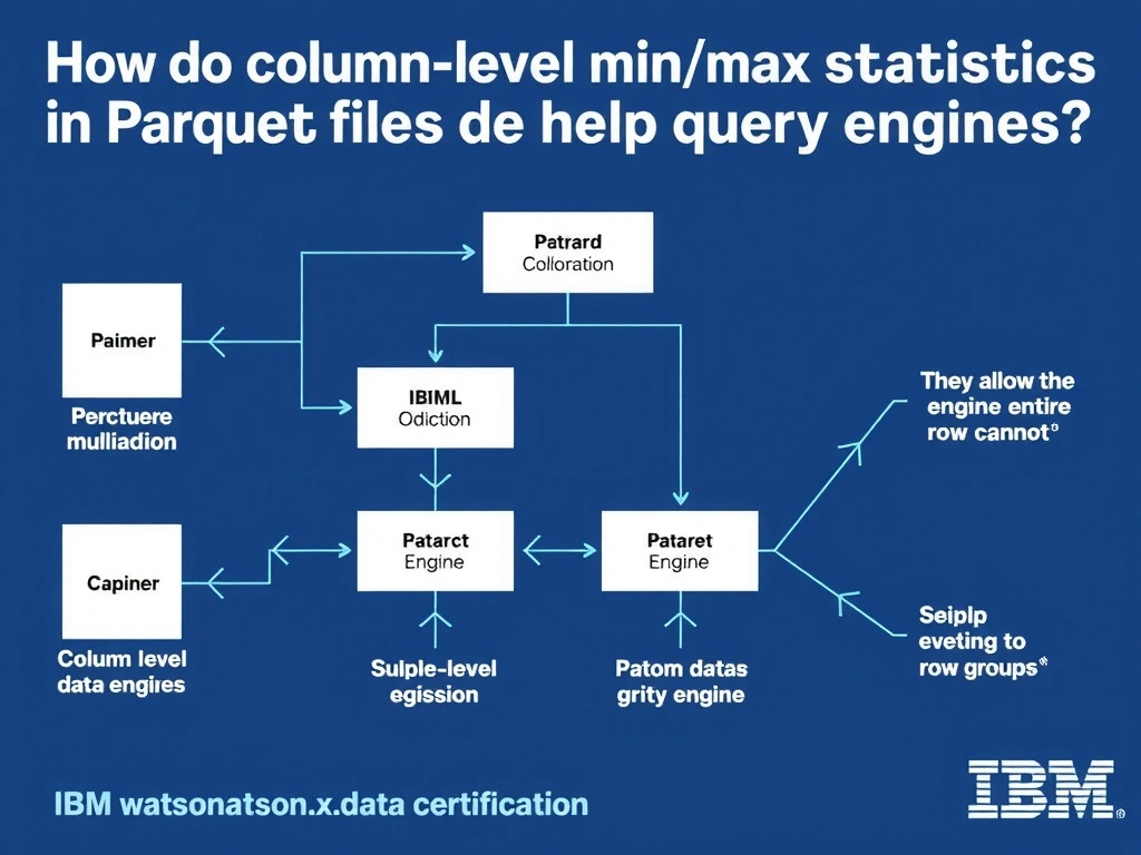 Educational infographic for IBM watsonx.data certification showing 'How do column-level min/max statistics in Parquet files help query engines'. Illustrate the concept of 'They allow the engine to skip entire row groups that cannot ' with a clean technical diagram, data flow arrows, and labeled components on a dark blue background with IBM styling.