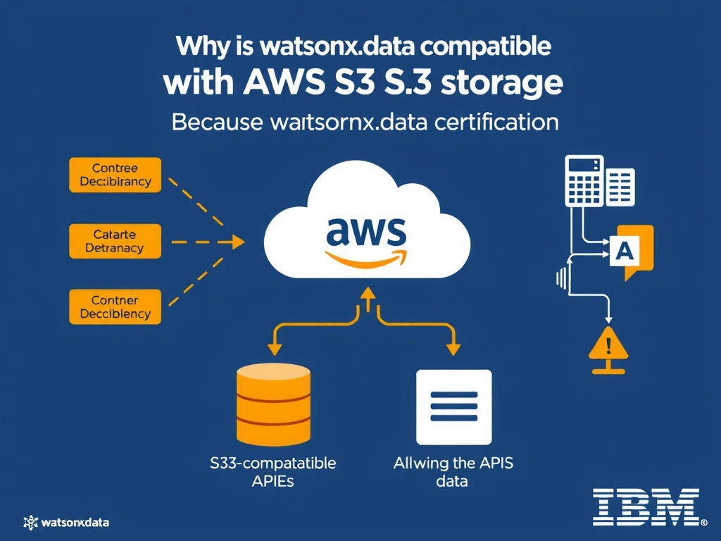 Educational infographic for IBM watsonx.data certification showing 'Why is watsonx.data compatible with AWS S3 storage'. Illustrate the concept of 'Because watsonx.data uses S3-compatible APIs; allowing it to' with a clean technical diagram, data flow arrows, and labeled components on a dark blue background with IBM styling.