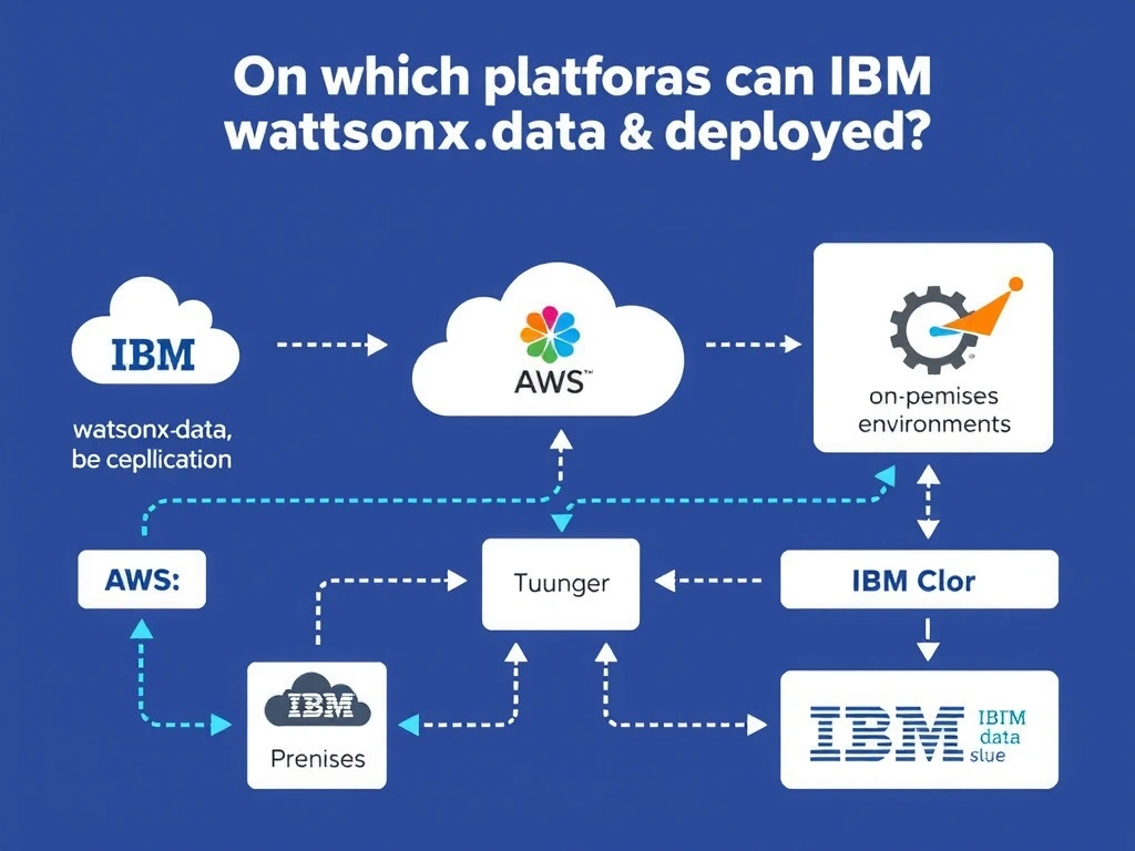 Educational infographic for IBM watsonx.data certification showing 'On which platforms can IBM watsonx.data be deployed'. Illustrate the concept of 'IBM Cloud; AWS; and on-premises environments through IBM Clo' with a clean technical diagram, data flow arrows, and labeled components on a dark blue background with IBM styling.