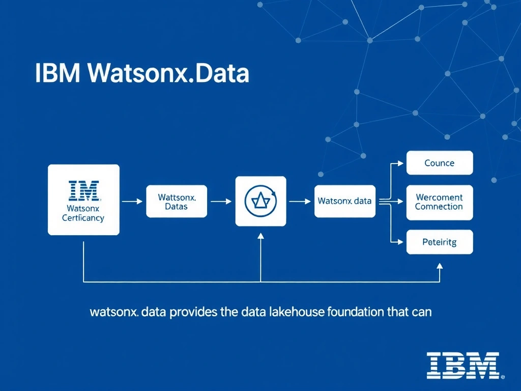 Educational infographic for IBM watsonx.data certification showing 'What is the relationship between IBM watsonx.data and IBM watsonx.ai'. Illustrate the concept of 'watsonx.data provides the data lakehouse foundation that can' with a clean technical diagram, data flow arrows, and labeled components on a dark blue background with IBM styling.