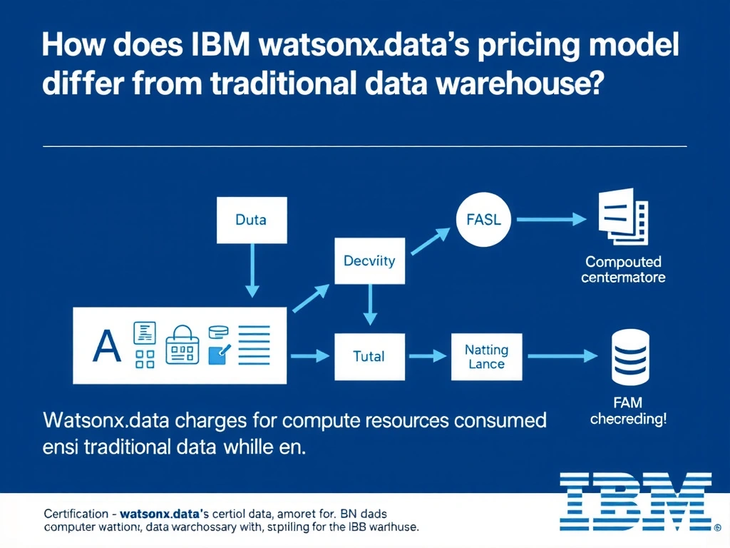 Educational infographic for IBM watsonx.data certification showing 'How does IBM watsonx.data's pricing model differ from traditional data warehouse'. Illustrate the concept of 'watsonx.data charges for compute resources consumed while en' with a clean technical diagram, data flow arrows, and labeled components on a dark blue background with IBM styling.