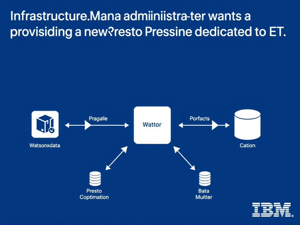 Educational infographic for IBM watsonx.data certification showing 'A watsonx.data administrator wants to add a second Presto engine dedicated to ET'. Illustrate the concept of 'Infrastructure Manager by provisioning a new Presto engine w' with a clean technical diagram, data flow arrows, and labeled components on a dark blue background with IBM styling.