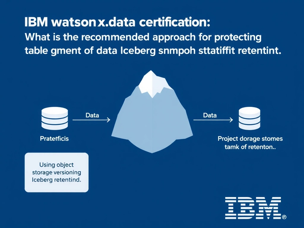 Educational infographic for IBM watsonx.data certification showing 'In watsonx.data; what is the recommended approach for protecting Iceberg table d'. Illustrate the concept of 'Using object storage versioning and Iceberg snapshot retenti' with a clean technical diagram, data flow arrows, and labeled components on a dark blue background with IBM styling.