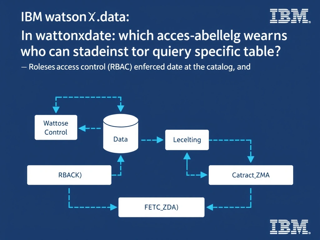 Educational infographic for IBM watsonx.data certification showing 'In watsonx.data; which access control model governs who can query specific table'. Illustrate the concept of 'Role-based access control (RBAC) enforced at the catalog and' with a clean technical diagram, data flow arrows, and labeled components on a dark blue background with IBM styling.