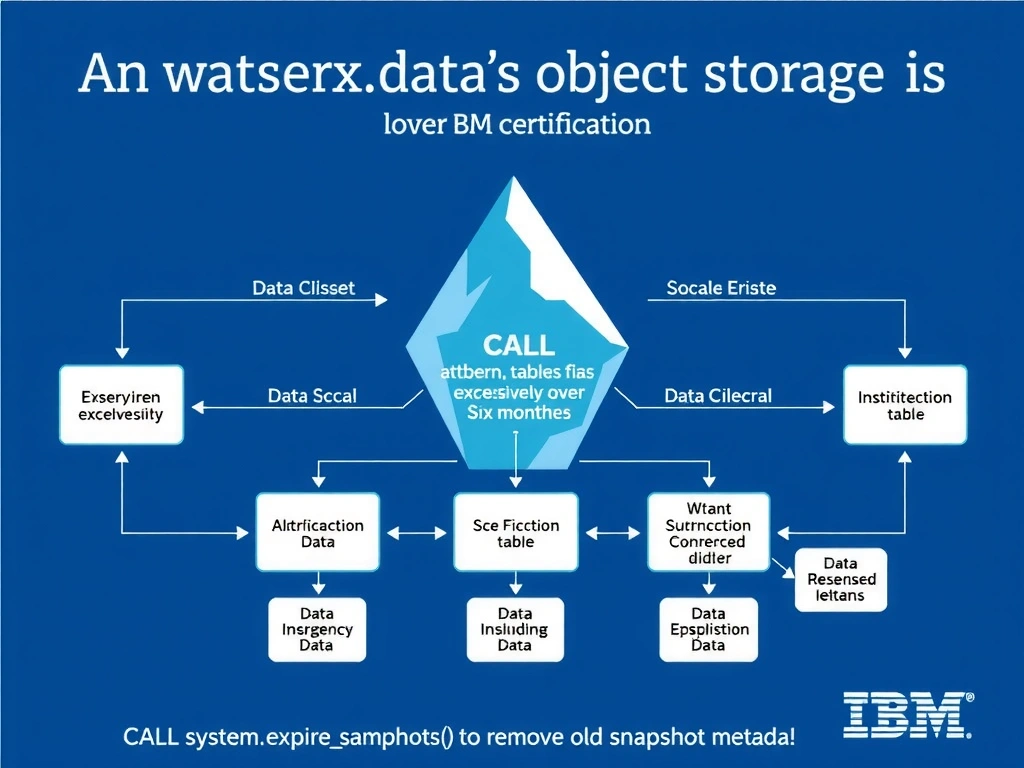 Educational infographic for IBM watsonx.data certification showing 'An Iceberg table's object storage size has grown excessively over six months due'. Illustrate the concept of 'CALL system.expiresnapshots() to remove old snapshot metada' with a clean technical diagram, data flow arrows, and labeled components on a dark blue background with IBM styling.