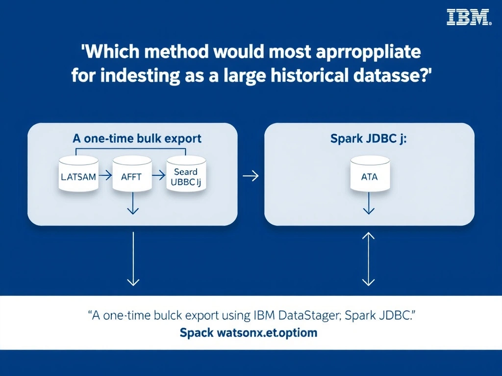 Educational infographic for IBM watsonx.data certification showing 'Which method would be most appropriate for ingesting a large historical dataset '. Illustrate the concept of 'A one-time bulk export using IBM DataStage or a Spark JDBC j' with a clean technical diagram, data flow arrows, and labeled components on a dark blue background with IBM styling.