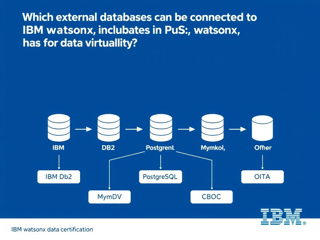 Educational infographic for IBM watsonx.data certification showing 'Which external databases can be connected to IBM watsonx.data for data virtualiz'. Illustrate the concept of 'A range of databases including IBM Db2; PostgreSQL; MySQL; O' with a clean technical diagram, data flow arrows, and labeled components on a dark blue background with IBM styling.