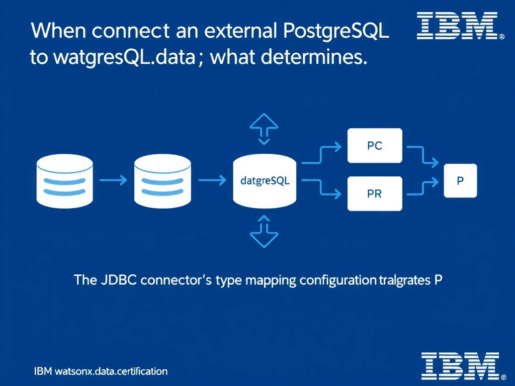 Educational infographic for IBM watsonx.data certification showing 'When connecting an external PostgreSQL database to watsonx.data; what determines'. Illustrate the concept of 'The JDBC connector's type mapping configuration translates P' with a clean technical diagram, data flow arrows, and labeled components on a dark blue background with IBM styling.