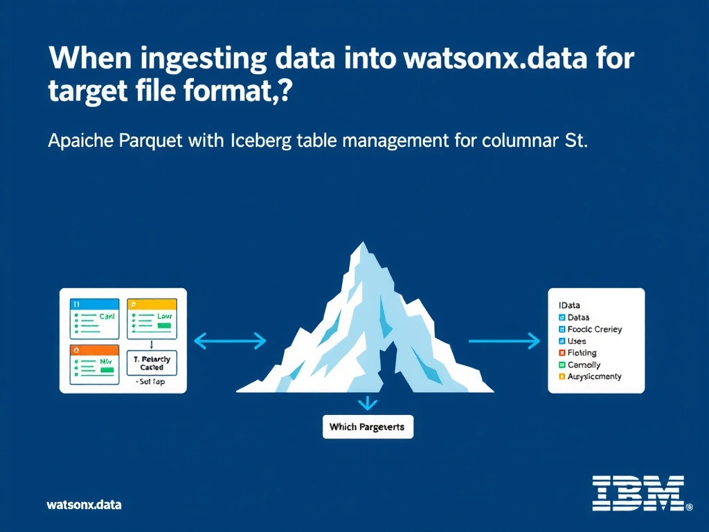 Educational infographic for IBM watsonx.data certification showing 'When ingesting data into watsonx.data for analytics; which target file format is'. Illustrate the concept of 'Apache Parquet with Iceberg table management for columnar st' with a clean technical diagram, data flow arrows, and labeled components on a dark blue background with IBM styling.