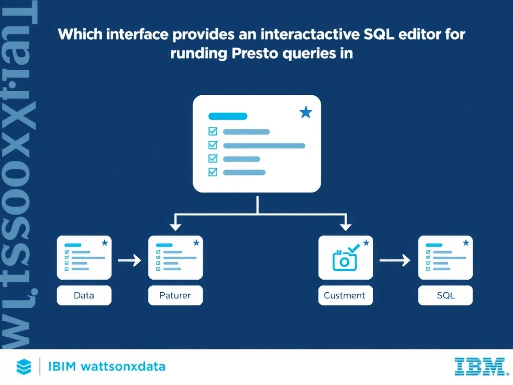 Educational infographic for IBM watsonx.data certification showing 'Which interface provides an interactive SQL editor for running Presto queries in'. Illustrate the concept of 'The SQL Query Workspace within the watsonx.data UI' with a clean technical diagram, data flow arrows, and labeled components on a dark blue background with IBM styling.