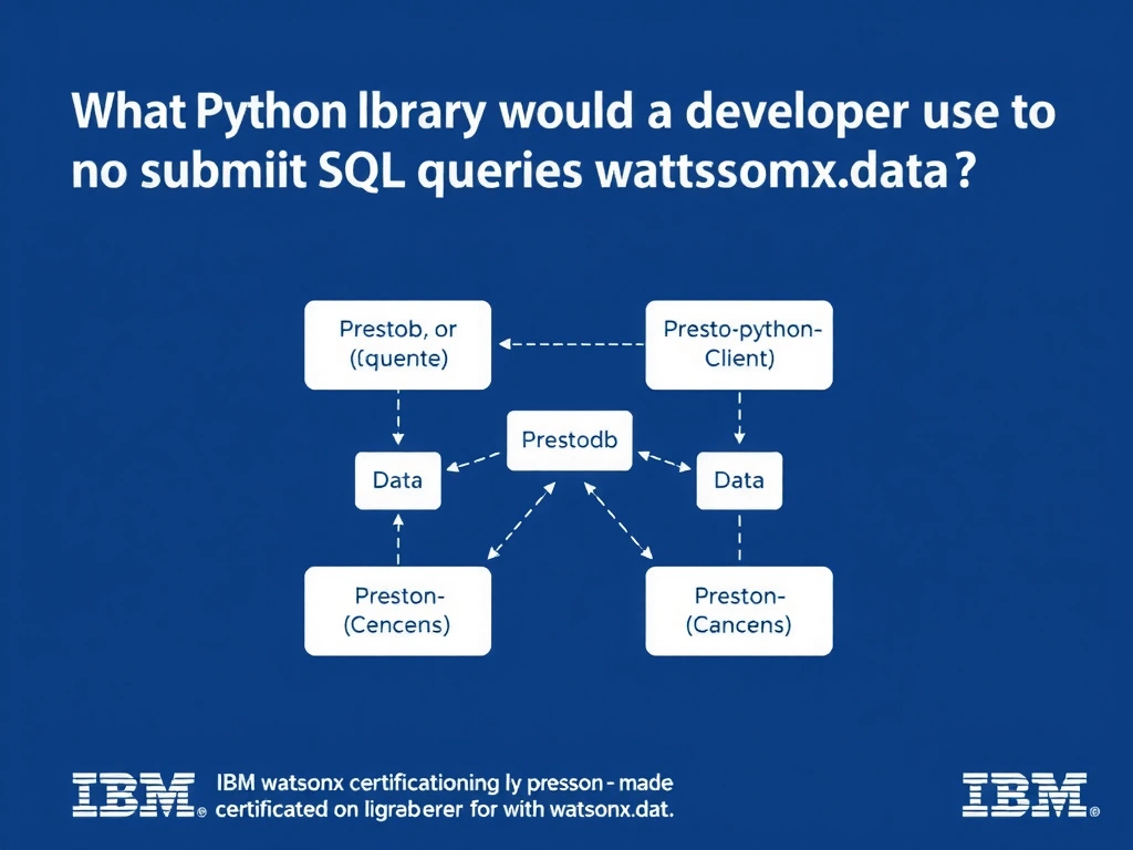 Educational infographic for IBM watsonx.data certification showing 'What Python library would a developer use to submit SQL queries to watsonx.data '. Illustrate the concept of 'prestodb or presto-python-client configured with watsonx.dat' with a clean technical diagram, data flow arrows, and labeled components on a dark blue background with IBM styling.