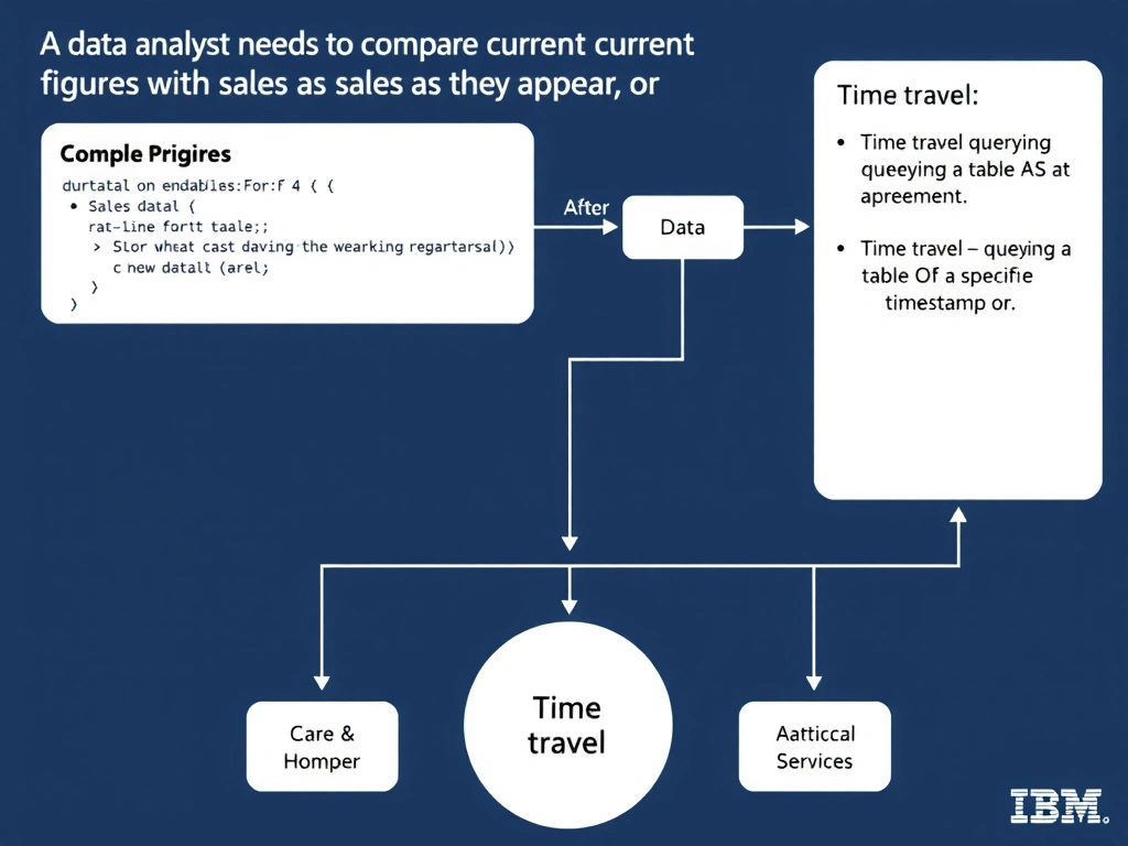 Educational infographic for IBM watsonx.data certification showing 'A data analyst needs to compare current sales figures with sales as they appeare'. Illustrate the concept of 'Time travel — querying a table AS OF a specific timestamp or' with a clean technical diagram, data flow arrows, and labeled components on a dark blue background with IBM styling.