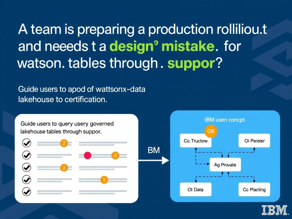 Educational infographic for IBM watsonx.data certification showing 'A team is preparing a production rollout and needs to avoid a design mistake. Fo'. Illustrate the concept of 'Guide users to query governed lakehouse tables through suppo' with a clean technical diagram, data flow arrows, and labeled components on a dark blue background with IBM styling.