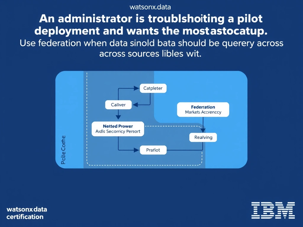 Educational infographic for IBM watsonx.data certification showing 'An administrator is troubleshooting a pilot deployment and wants the most approp'. Illustrate the concept of 'Use federation when data should be queried across sources wi' with a clean technical diagram, data flow arrows, and labeled components on a dark blue background with IBM styling.