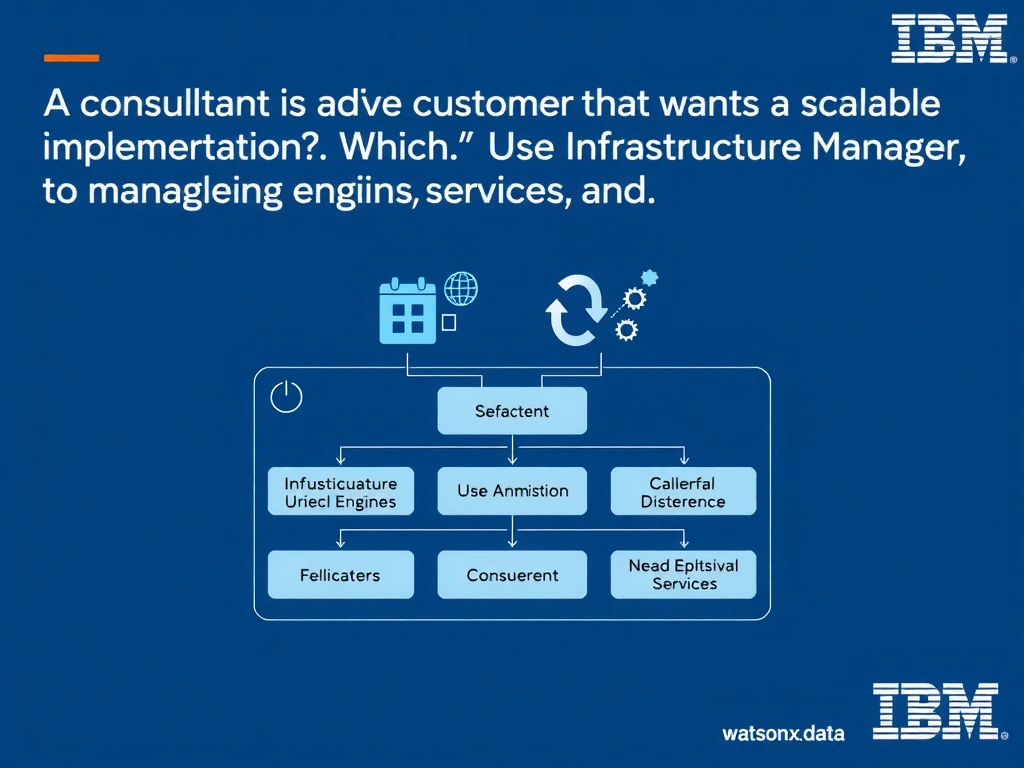 Educational infographic for IBM watsonx.data certification showing 'A consultant is advising a customer that wants a scalable implementation. Which '. Illustrate the concept of 'Use Infrastructure Manager to manage engines, services, and ' with a clean technical diagram, data flow arrows, and labeled components on a dark blue background with IBM styling.