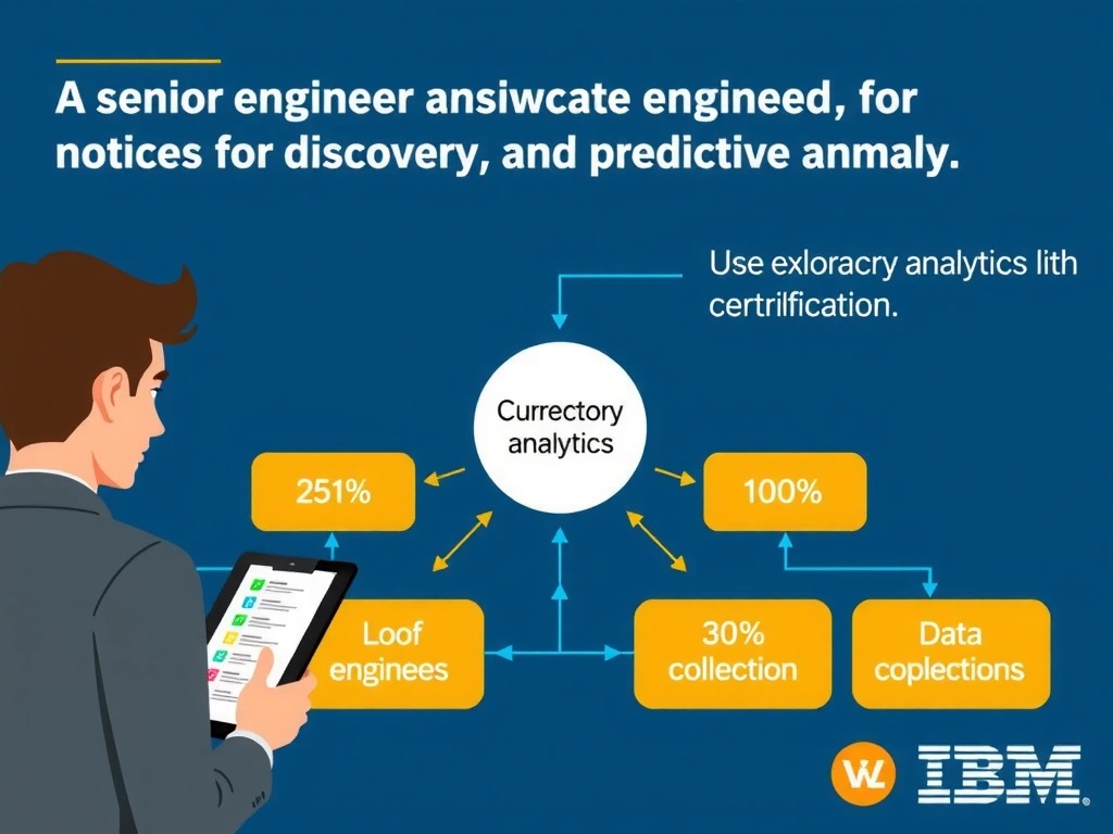 Educational infographic for IBM watsonx.data certification showing 'A senior engineer reviews the current plan and notices that one key control is m'. Illustrate the concept of 'Use exploratory analytics for discovery and predictive analy' with a clean technical diagram, data flow arrows, and labeled components on a dark blue background with IBM styling.