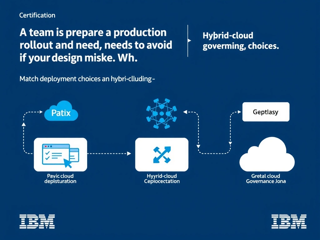 Educational infographic for IBM watsonx.data certification showing 'A team is preparing a production rollout and needs to avoid a design mistake. Wh'. Illustrate the concept of 'Match deployment choices to hybrid-cloud, governance, and op' with a clean technical diagram, data flow arrows, and labeled components on a dark blue background with IBM styling.
