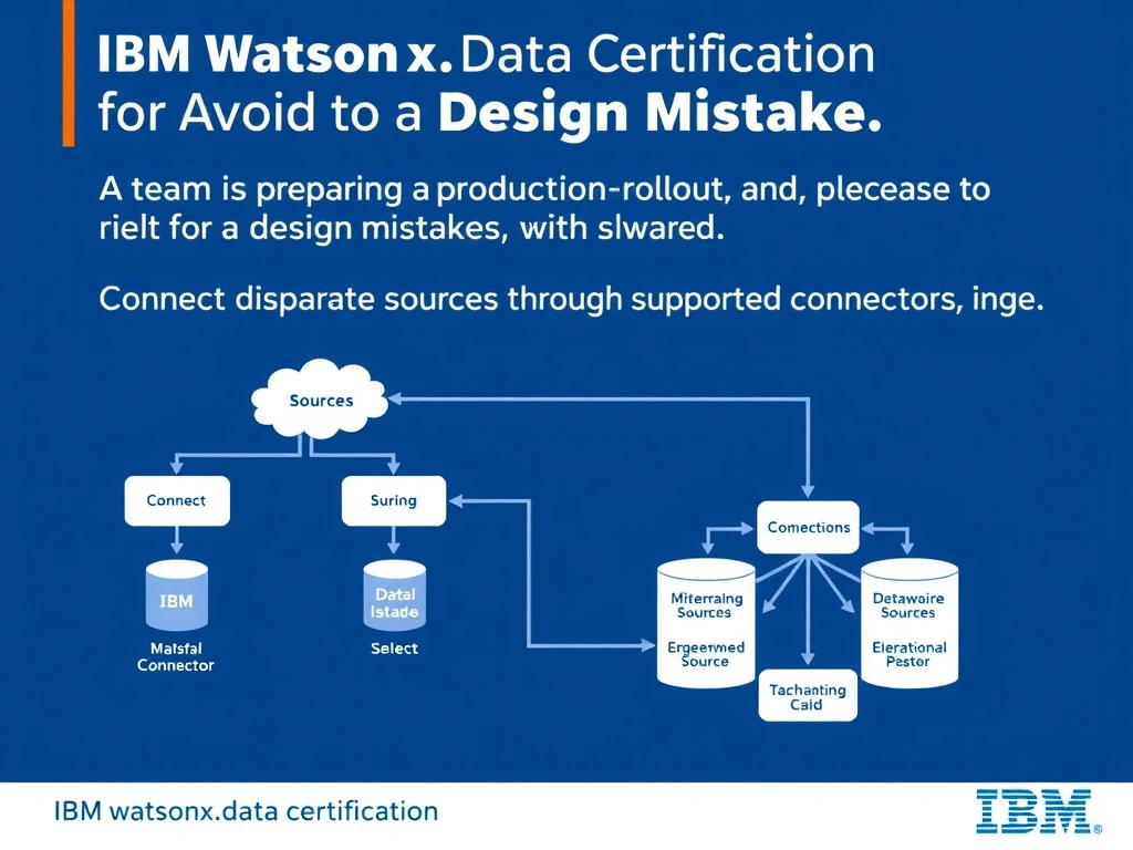 Educational infographic for IBM watsonx.data certification showing 'A team is preparing a production rollout and needs to avoid a design mistake. Wh'. Illustrate the concept of 'Connect disparate sources through supported connectors, inge' with a clean technical diagram, data flow arrows, and labeled components on a dark blue background with IBM styling.