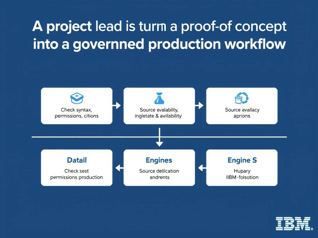 Educational infographic for IBM watsonx.data certification showing 'A project lead is turning a proof of concept into a governed production workflow'. Illustrate the concept of 'Check syntax, permissions, source availability, and engine s' with a clean technical diagram, data flow arrows, and labeled components on a dark blue background with IBM styling.