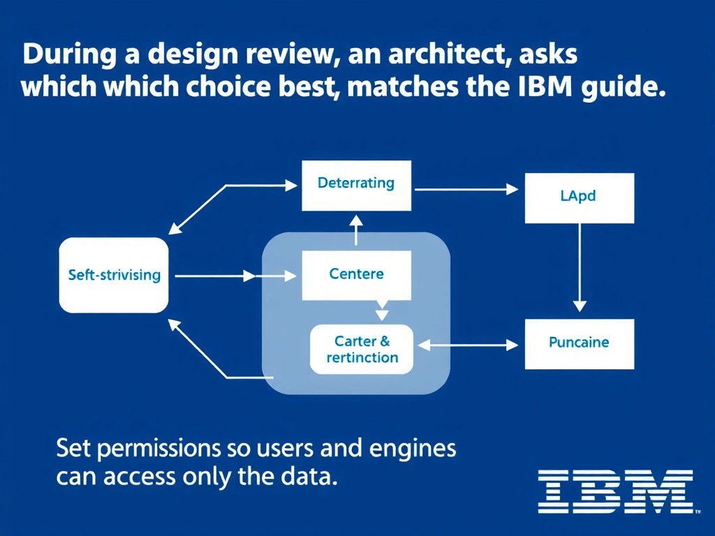 Educational infographic for IBM watsonx.data certification showing 'During a design review, an architect asks which choice best matches the IBM guid'. Illustrate the concept of 'Set permissions so users and engines can access only the dat' with a clean technical diagram, data flow arrows, and labeled components on a dark blue background with IBM styling.