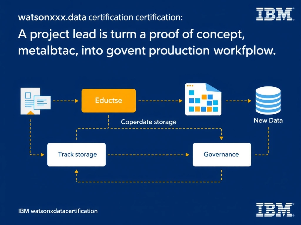 Educational infographic for IBM watsonx.data certification showing 'A project lead is turning a proof of concept into a governed production workflow'. Illustrate the concept of 'Coordinate storage, metadata, query engines, governance, and' with a clean technical diagram, data flow arrows, and labeled components on a dark blue background with IBM styling.