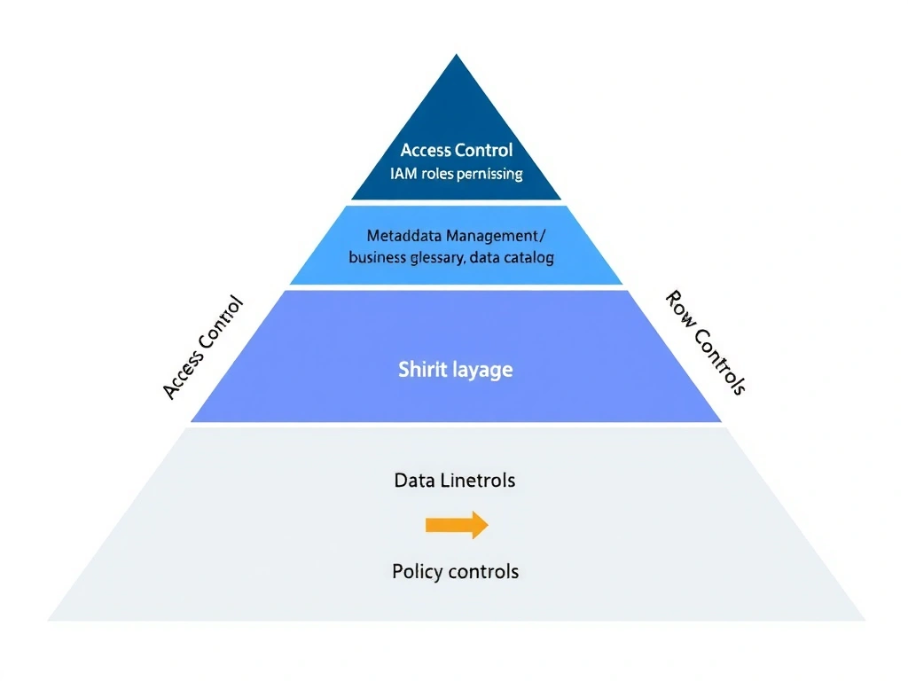 A four-layer governance pyramid diagram for watsonx.data: bottom layer shows Access Control (IAM roles, table permissions, row/column masking), second layer shows Metadata Management (schema definitions, business glossary, data catalog), third layer shows Data Lineage (tracking data from source to consumer), top layer shows Policy Controls (data classification, retention, compliance rules). Arrows show how each layer feeds into and enforces the others.