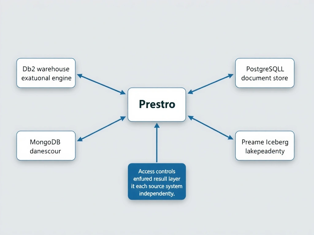 A federation architecture diagram showing IBM watsonx.data Presto engine in the center with federation connectors extending outward to four external data sources (Db2 warehouse, PostgreSQL OLTP, MongoDB document store, remote Iceberg lakehouse). Arrows show query predicate pushdown flowing from Presto to each source, and filtered result sets returning to Presto for join/aggregation. A small panel shows that access controls are enforced at both the Presto layer and at each source system independently.