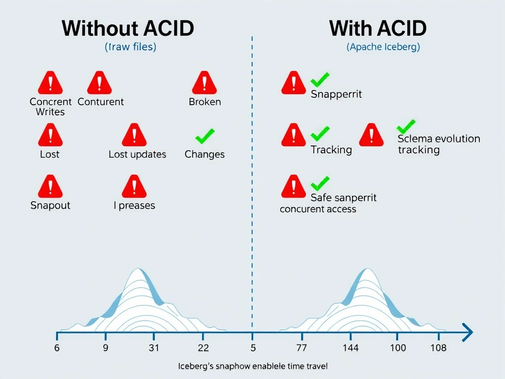 A comparison diagram split into two columns: left column labeled 'Without ACID (raw files)' shows scenarios of data corruption from concurrent writes, lost updates, and broken schema changes with red warning icons; right column labeled 'With ACID (Apache Iceberg)' shows the same scenarios resolved via snapshot isolation, schema evolution tracking, and safe concurrent access with green checkmarks. A timeline at the bottom shows Iceberg's snapshot history enabling time travel.