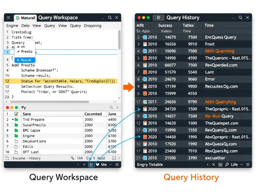 A side-by-side screenshot diagram of two watsonx.data console panels: left panel labeled 'Query Workspace' showing a SQL editor with engine dropdown (Presto selected), schema browser tree, and query results table; right panel labeled 'Query History' showing a table of past queries with columns for timestamp, status (success/failed), execution time, engine, and error message. An arrow connects a failed query in History to the editor where it can be re-run.