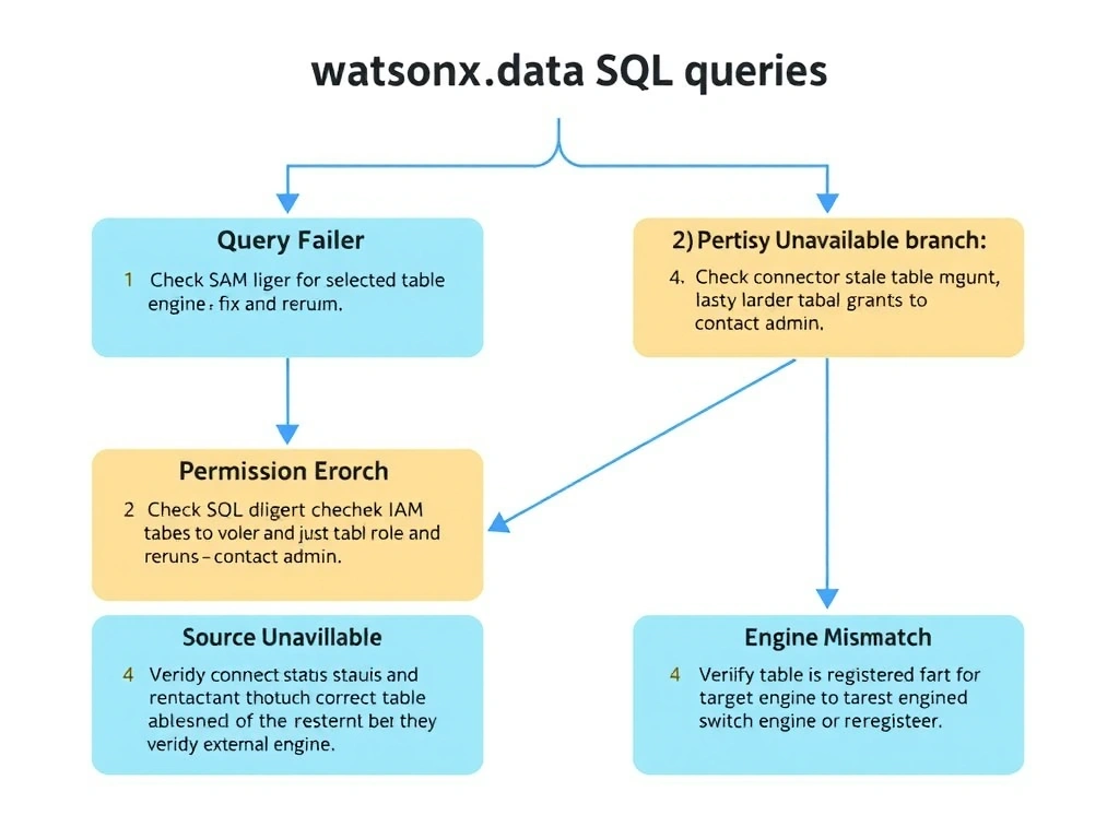 A troubleshooting flowchart for failed watsonx.data SQL queries, starting from 'Query Failed' with four branching diagnostic paths: (1) Syntax Error branch → check SQL dialect for selected engine → fix and rerun; (2) Permission Error branch → check IAM role and table grants → contact admin; (3) Source Unavailable branch → check connector status and network → verify external system; (4) Engine Mismatch branch → verify table is registered for target engine → switch engine or re-register. Each branch ends with a resolution action.