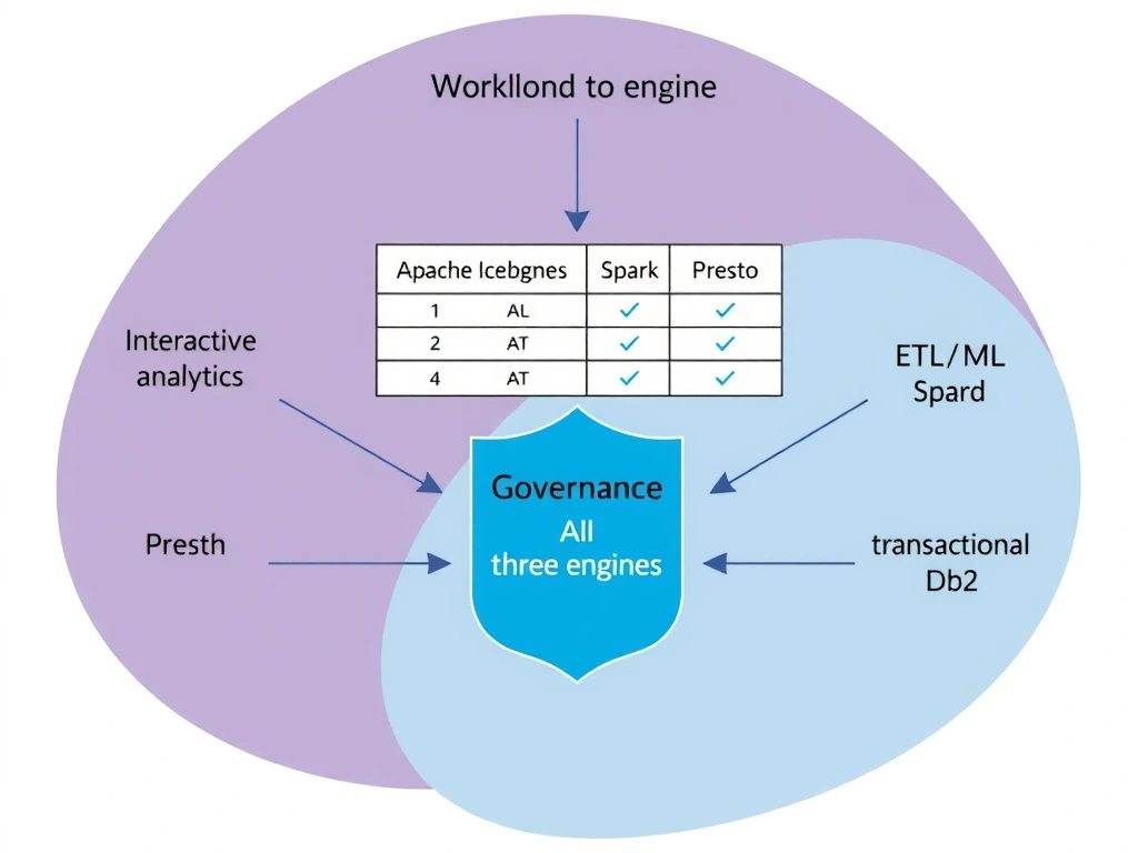 A diagram showing three query engines (Presto, Spark, Db2) arranged around a central shared data layer (Apache Iceberg tables on object storage with HMS catalog). Arrows from each engine point to the shared layer showing they read the same data. Above the engines, a workload-to-engine mapping table shows: interactive analytics → Presto, ETL/ML → Spark, transactional SQL → Db2. A governance shield overlays all three engines equally.