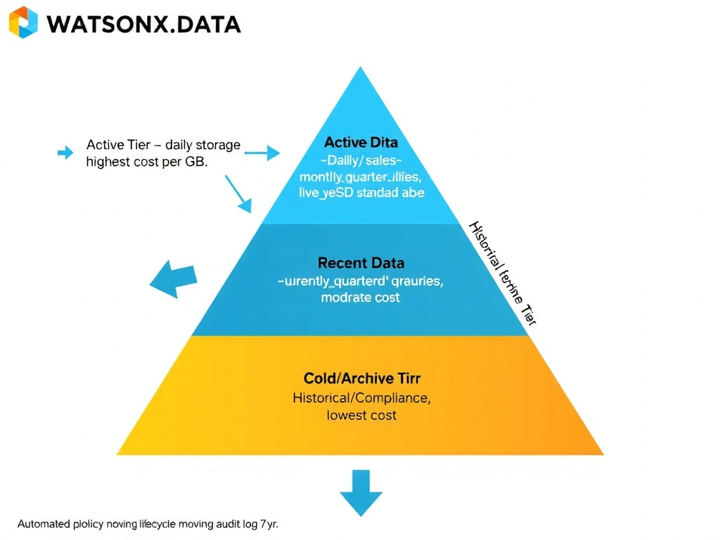 A tiered storage pyramid diagram for watsonx.data with three levels: top level (Hot Tier) labeled 'Active Data — daily/weekly queries, NVMe/SSD, highest cost per GB' with example tables (currentmonthsales, liveinventory); middle level (Warm Tier) labeled 'Recent Data — monthly/quarterly queries, standard SSD, moderate cost' with example tables (lastyeartransactions); bottom level (Cold/Archive Tier) labeled 'Historical/Compliance — rarely accessed, archive storage, lowest cost' with example tables (auditlog7yr). Arrows show automated lifecycle policy moving data down as it ages.