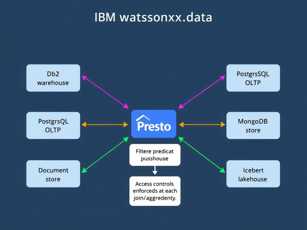 A federation architecture diagram showing IBM watsonx.data Presto engine in the center with federation connectors extending outward to four external data sources (Db2 warehouse, PostgreSQL OLTP, MongoDB document store, remote Iceberg lakehouse). Arrows show query predicate pushdown flowing from Presto to each source, and filtered result sets returning to Presto for join/aggregation. A small panel shows that access controls are enforced at both the Presto layer and at each source system independently.