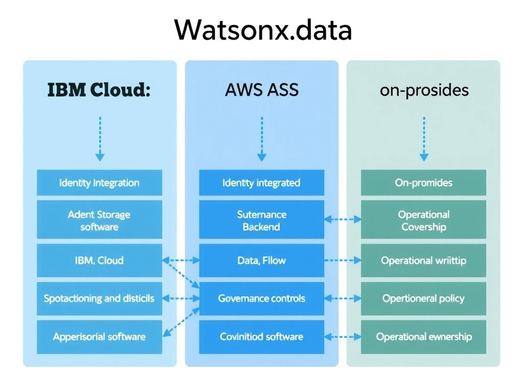 A clean side-by-side comparison diagram showing three watsonx.data deployment topologies: IBM Cloud SaaS, AWS SaaS, and on-premises software. Each column lists key attributes: identity integration, storage backend, governance controls, and operational ownership. Arrows show data flow and governance policy propagation across each model.