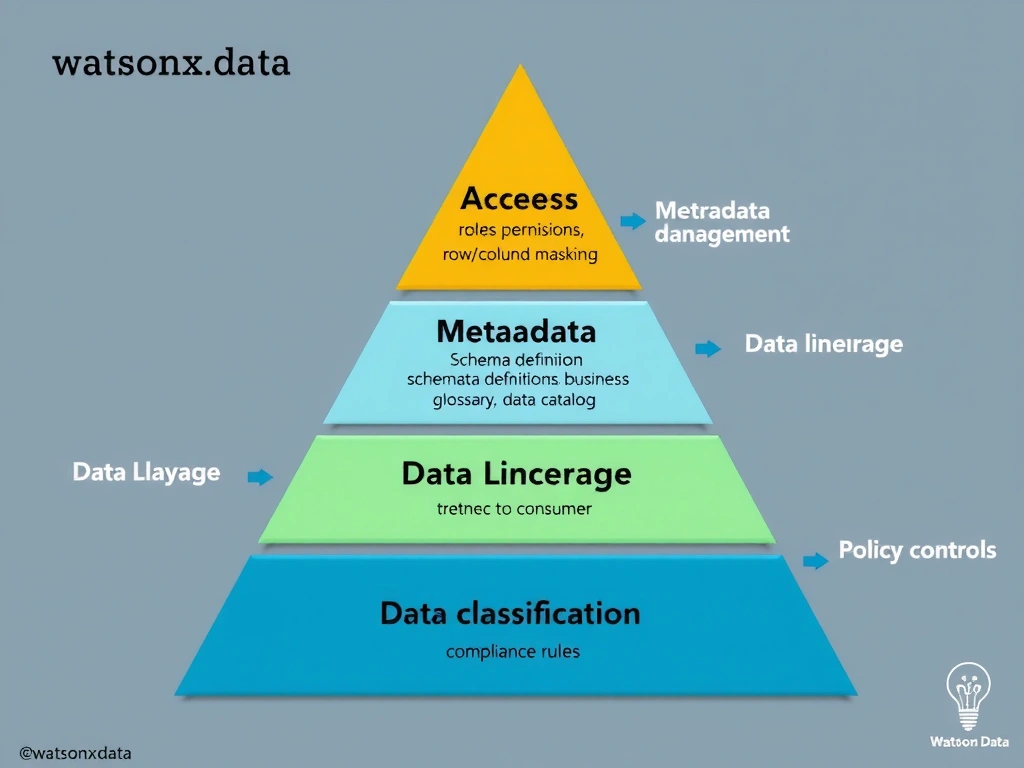 A four-layer governance pyramid diagram for watsonx.data: bottom layer shows Access Control (IAM roles, table permissions, row/column masking), second layer shows Metadata Management (schema definitions, business glossary, data catalog), third layer shows Data Lineage (tracking data from source to consumer), top layer shows Policy Controls (data classification, retention, compliance rules). Arrows show how each layer feeds into and enforces the others.