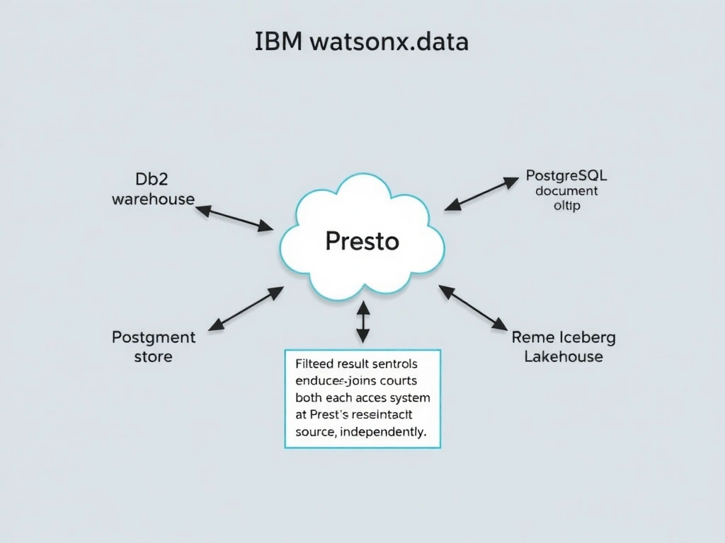 A federation architecture diagram showing IBM watsonx.data Presto engine in the center with federation connectors extending outward to four external data sources (Db2 warehouse, PostgreSQL OLTP, MongoDB document store, remote Iceberg lakehouse). Arrows show query predicate pushdown flowing from Presto to each source, and filtered result sets returning to Presto for join/aggregation. A small panel shows that access controls are enforced at both the Presto layer and at each source system independently.
