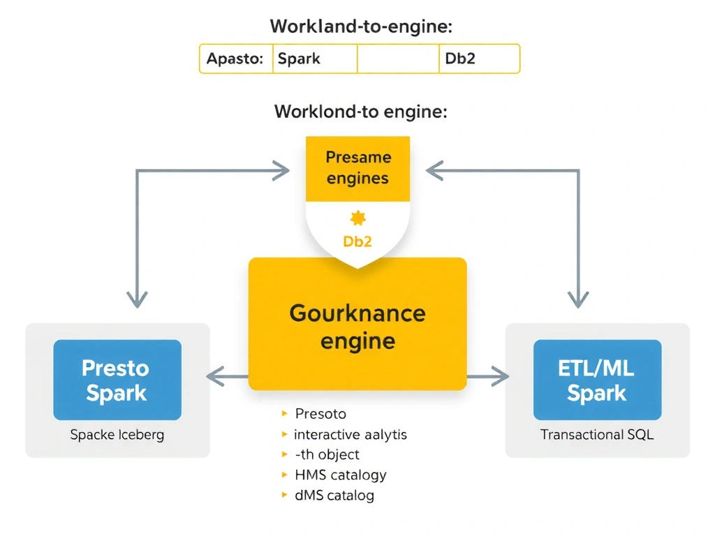 A diagram showing three query engines (Presto, Spark, Db2) arranged around a central shared data layer (Apache Iceberg tables on object storage with HMS catalog). Arrows from each engine point to the shared layer showing they read the same data. Above the engines, a workload-to-engine mapping table shows: interactive analytics → Presto, ETL/ML → Spark, transactional SQL → Db2. A governance shield overlays all three engines equally.