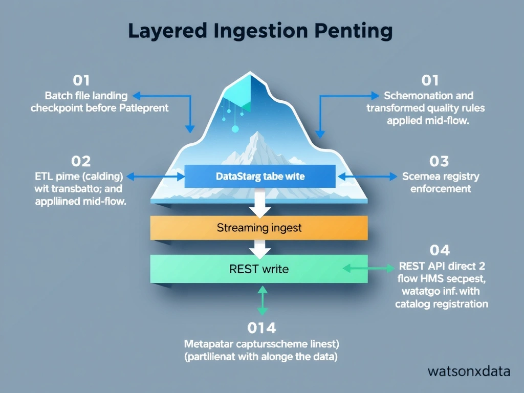 A layered ingestion design diagram showing four ingestion patterns entering watsonx.data: (1) Batch file landing with schema validation checkpoint before Iceberg table write, (2) ETL pipeline (DataStage) with transformation and quality rules applied mid-flow, (3) Streaming ingest with schema registry enforcement, (4) REST API direct write with catalog registration. Each pattern shows metadata capture (schema, lineage, partition info) flowing into the HMS catalog alongside the data.