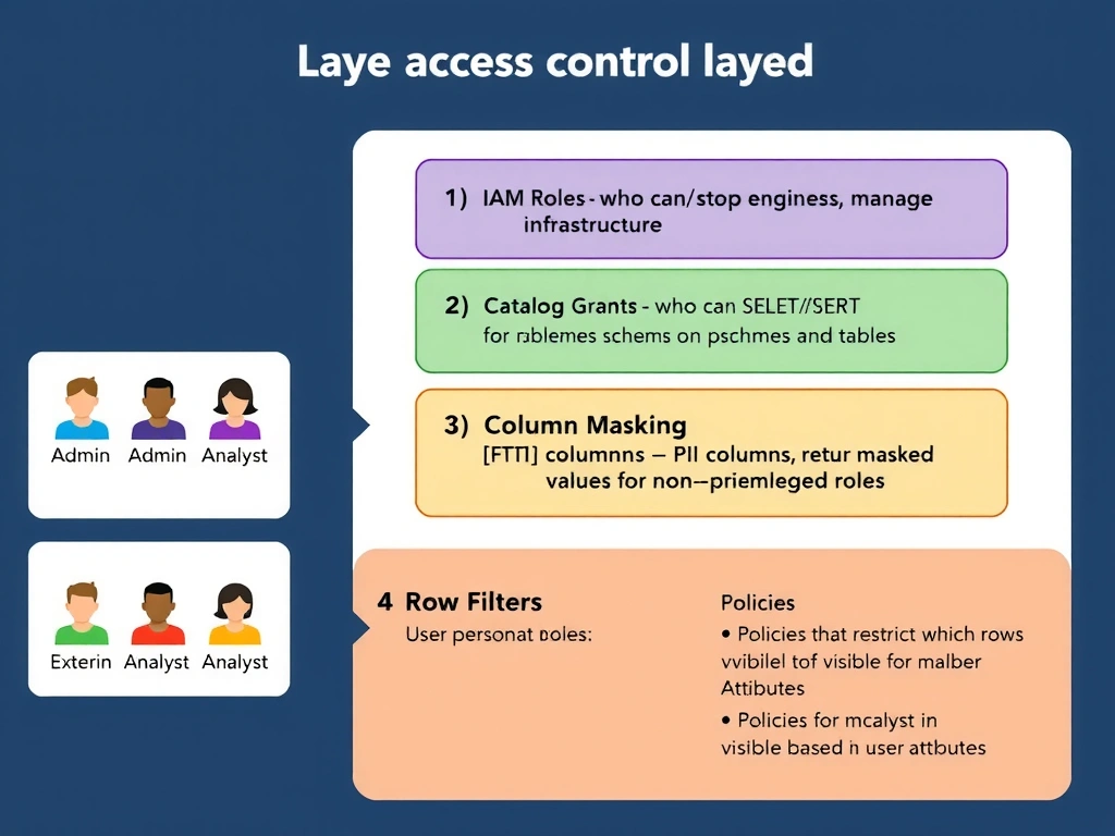 A layered access control diagram for watsonx.data showing four enforcement layers from top to bottom: (1) IAM Roles — who can start/stop engines, manage infrastructure; (2) Catalog Grants — who can SELECT/INSERT on schemas and tables; (3) Column Masking — PII columns return masked values for non-privileged roles; (4) Row Filters — policies that restrict which rows are visible based on user attributes. A user persona panel on the left shows different access levels for Admin, Analyst, and External Auditor roles mapped to each layer.