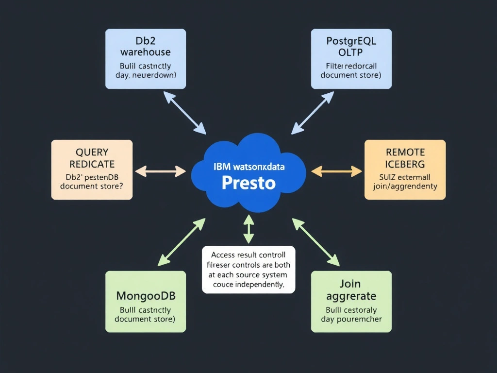 A federation architecture diagram showing IBM watsonx.data Presto engine in the center with federation connectors extending outward to four external data sources (Db2 warehouse, PostgreSQL OLTP, MongoDB document store, remote Iceberg lakehouse). Arrows show query predicate pushdown flowing from Presto to each source, and filtered result sets returning to Presto for join/aggregation. A small panel shows that access controls are enforced at both the Presto layer and at each source system independently.