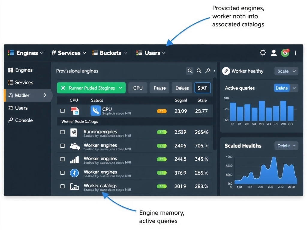 A UI-style diagram of the watsonx.data Infrastructure Manager console showing: left sidebar with navigation (Engines, Services, Buckets, Users); center panel showing a list of provisioned engines with status indicators (Running, Paused, Stopped), worker node count, associated catalogs, and action buttons (Scale, Pause, Delete); right panel showing engine health metrics (CPU, memory, active queries). Callout annotations identify each section's function.
