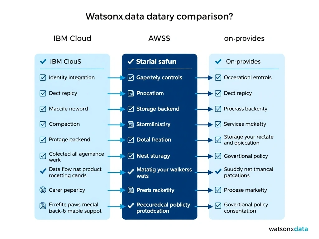 A clean side-by-side comparison diagram showing three watsonx.data deployment topologies: IBM Cloud SaaS, AWS SaaS, and on-premises software. Each column lists key attributes: identity integration, storage backend, governance controls, and operational ownership. Arrows show data flow and governance policy propagation across each model.