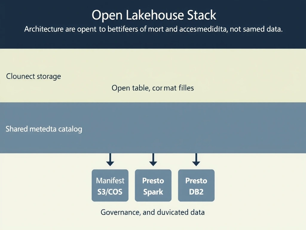 An architecture layer diagram showing the open lakehouse stack from bottom to top: cloud object storage (S3/COS) → open table format files (Iceberg manifest and data files) → shared metadata catalog (Hive Metastore) → multiple query engines (Presto, Spark, Db2) accessing the same data → governance and access control layer on top. Arrows show that engines read metadata, not duplicated data.
