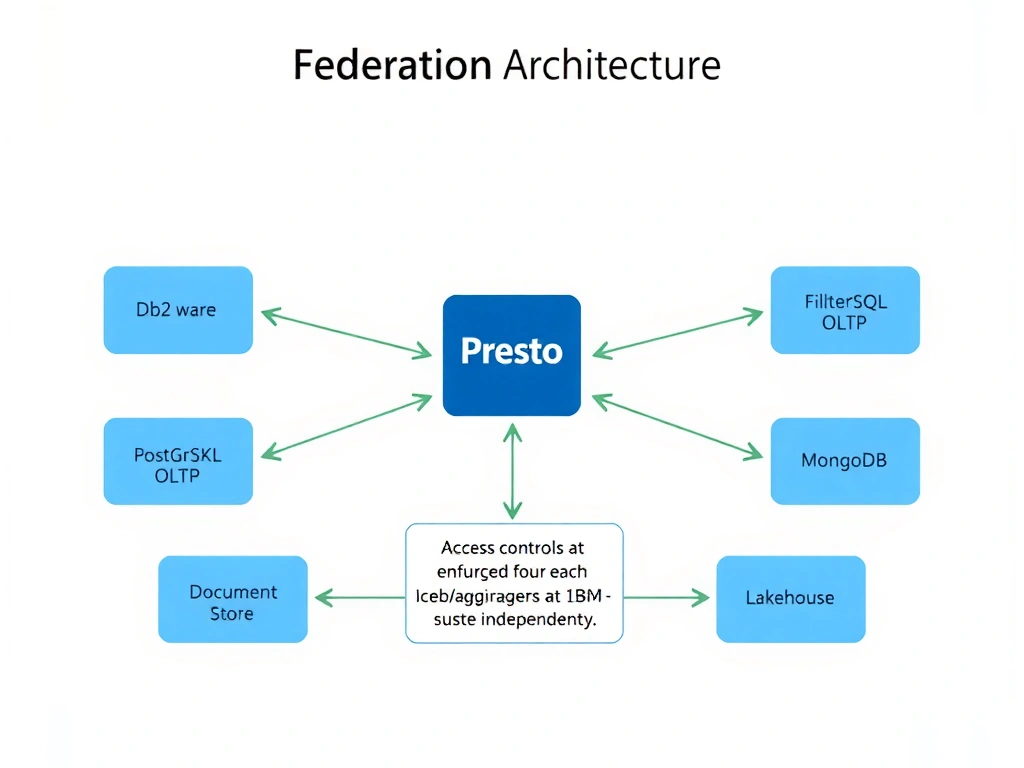 A federation architecture diagram showing IBM watsonx.data Presto engine in the center with federation connectors extending outward to four external data sources (Db2 warehouse, PostgreSQL OLTP, MongoDB document store, remote Iceberg lakehouse). Arrows show query predicate pushdown flowing from Presto to each source, and filtered result sets returning to Presto for join/aggregation. A small panel shows that access controls are enforced at both the Presto layer and at each source system independently.