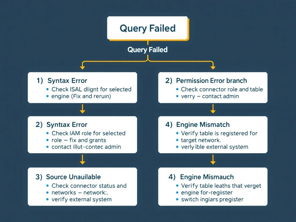 A troubleshooting flowchart for failed watsonx.data SQL queries, starting from 'Query Failed' with four branching diagnostic paths: (1) Syntax Error branch → check SQL dialect for selected engine → fix and rerun; (2) Permission Error branch → check IAM role and table grants → contact admin; (3) Source Unavailable branch → check connector status and network → verify external system; (4) Engine Mismatch branch → verify table is registered for target engine → switch engine or re-register. Each branch ends with a resolution action.