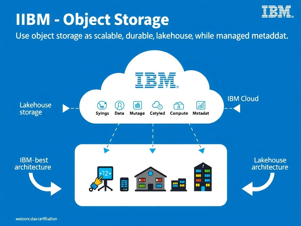 Clean technical infographic for IBM C9007300 certification illustrating: Use object storage as scalable, durable lakehouse storage while managing metadat. Show a labeled diagram with IBM watsonx.data branding on a dark navy background, with clear component boxes, directional arrows showing data or control flow, and a color-coded legend distinguishing correct vs. incorrect architectural patterns. Style: professional, IBM design language, suitable for exam study material.