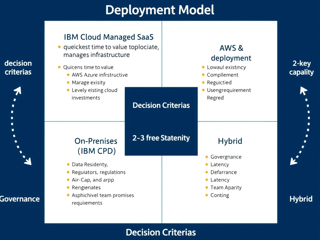 Clean technical infographic for IBM C9007300 certification illustrating: Match deployment choices to hybrid-cloud, governance, and operational requiremen. Show a labeled diagram with IBM watsonx.data branding on a dark navy background, with clear component boxes, directional arrows showing data or control flow, and a color-coded legend distinguishing correct vs. incorrect architectural patterns. Style: professional, IBM design language, suitable for exam study material.