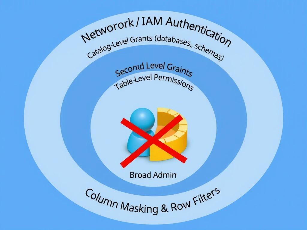 Clean technical infographic for IBM C9007300 certification illustrating: Apply access control, metadata, lineage, and policy controls so lakehouse data r. Show a labeled diagram with IBM watsonx.data branding on a dark navy background, with clear component boxes, directional arrows showing data or control flow, and a color-coded legend distinguishing correct vs. incorrect architectural patterns. Style: professional, IBM design language, suitable for exam study material.