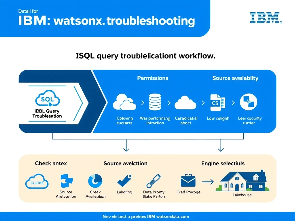 Clean technical infographic for IBM C9007300 certification illustrating: Check syntax, permissions, source availability, and engine selection when querie. Show a labeled diagram with IBM watsonx.data branding on a dark navy background, with clear component boxes, directional arrows showing data or control flow, and a color-coded legend distinguishing correct vs. incorrect architectural patterns. Style: professional, IBM design language, suitable for exam study material.