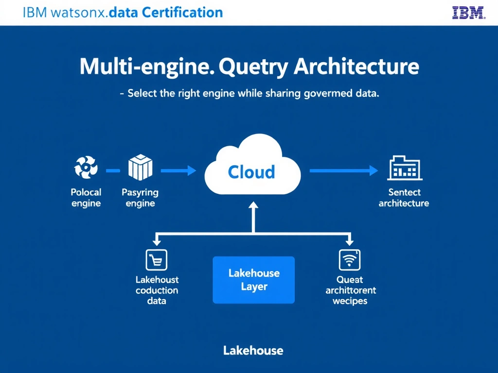 Clean technical infographic for IBM C9007300 certification illustrating: Select the right engine for the workload while sharing governed data through the. Show a labeled diagram with IBM watsonx.data branding on a dark navy background, with clear component boxes, directional arrows showing data or control flow, and a color-coded legend distinguishing correct vs. incorrect architectural patterns. Style: professional, IBM design language, suitable for exam study material.